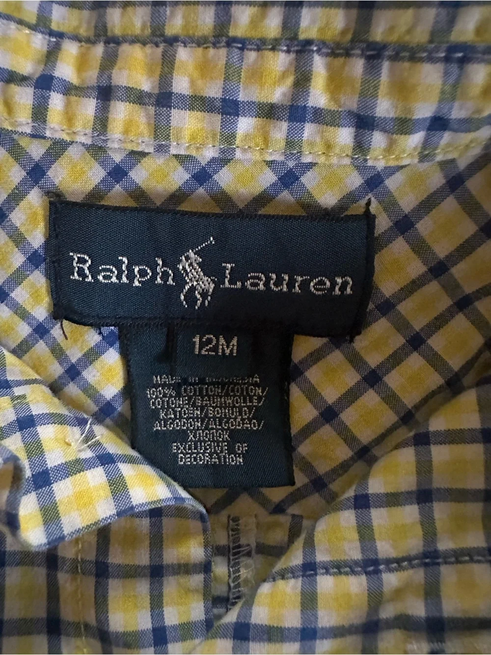Ralph Lauren Baby Boy 12M Yellow Blue Plaid Cotton Shortall Romper